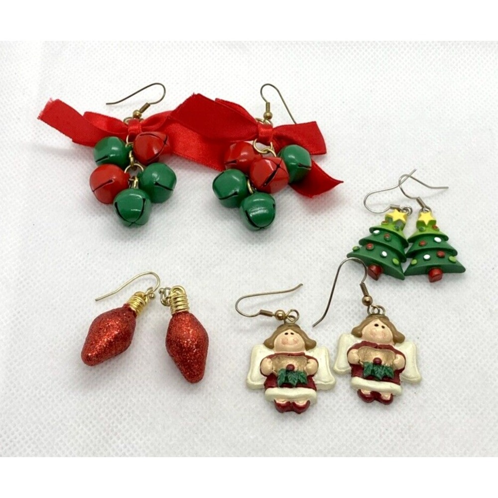Vintage - Now Lot 4 Pairs Pierced Christmas Earrings Tree Bell Bow Angel Bulb
